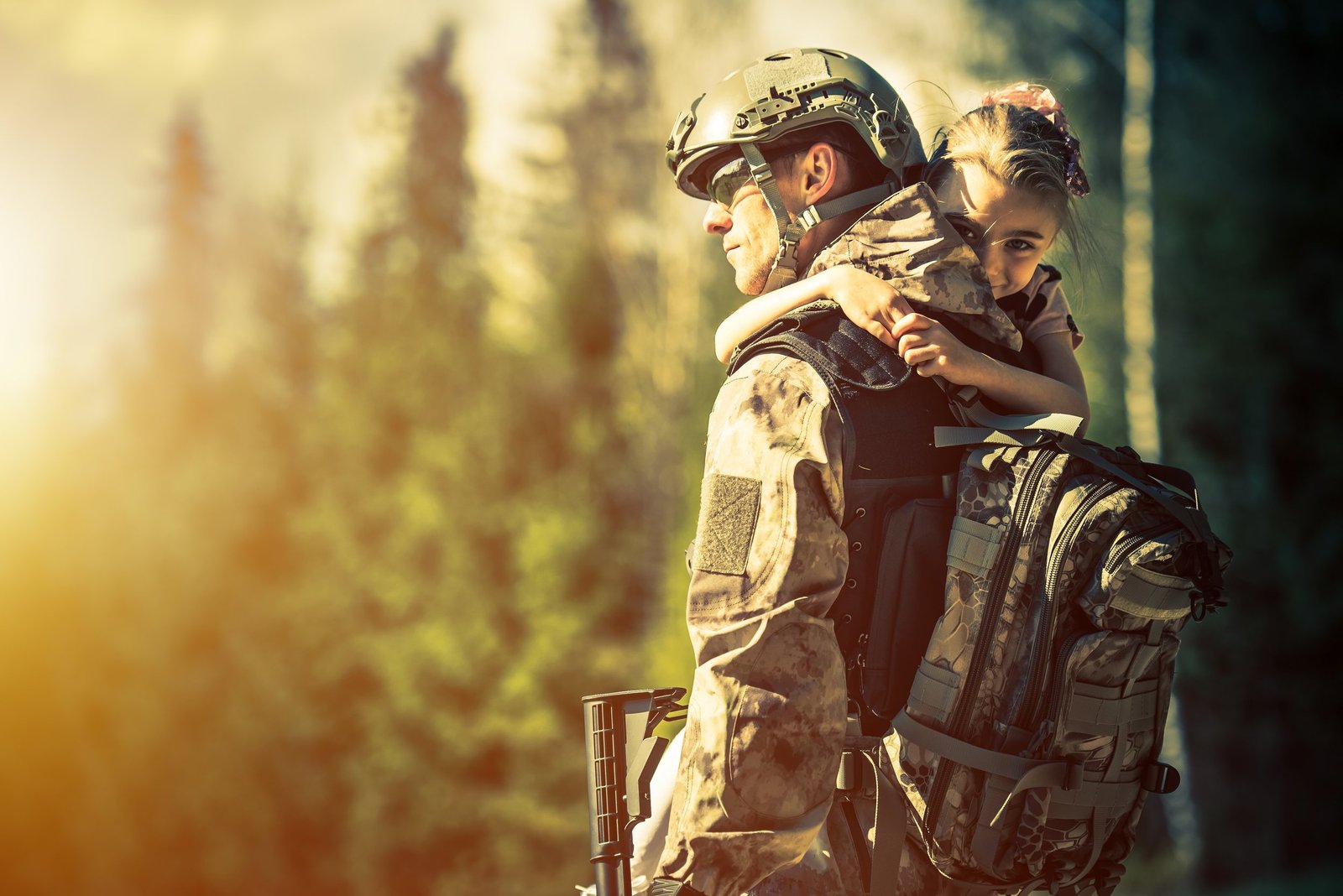 Soldier Returning Home After Years of War. Happy Daughter Welcoming Her Dad at Home. Troop Returning Concept.